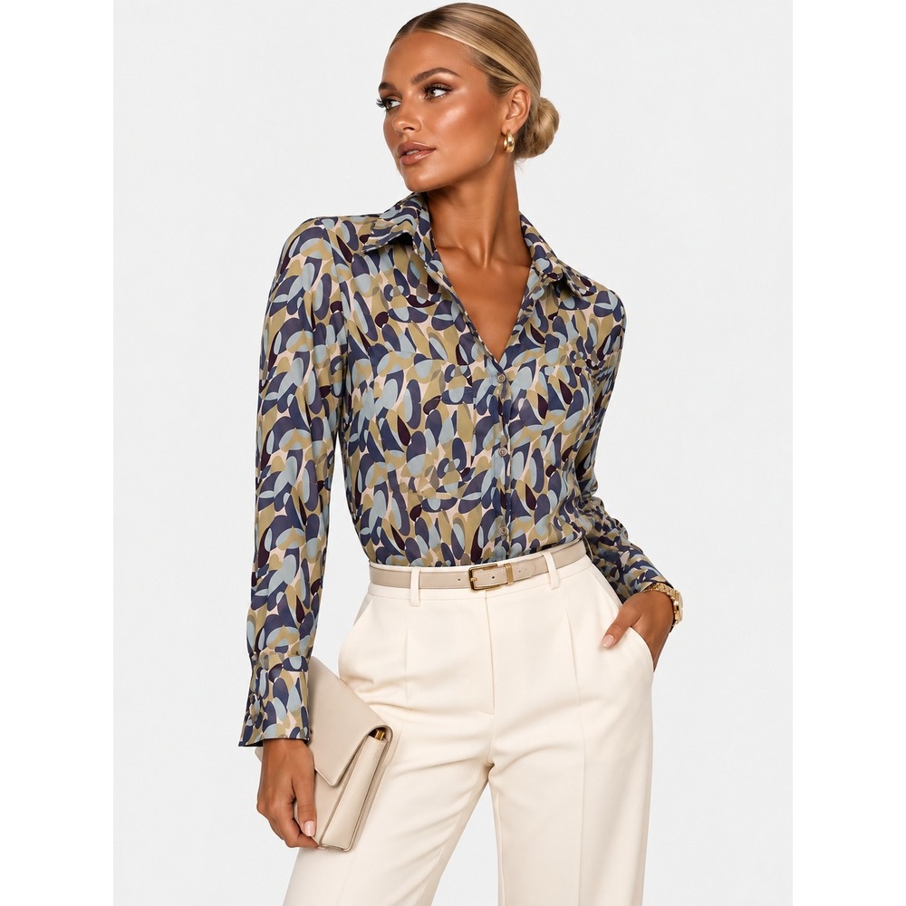 JNBY Abstract Geometric Print 100% Cotton Button Up Shirt Blue Tan Size S